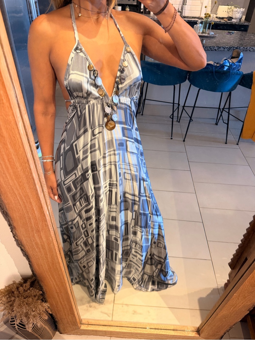 Vintage 90s Emilio Pucci Grey Geometric Halter Maxi Dress - Picture 9 of 10